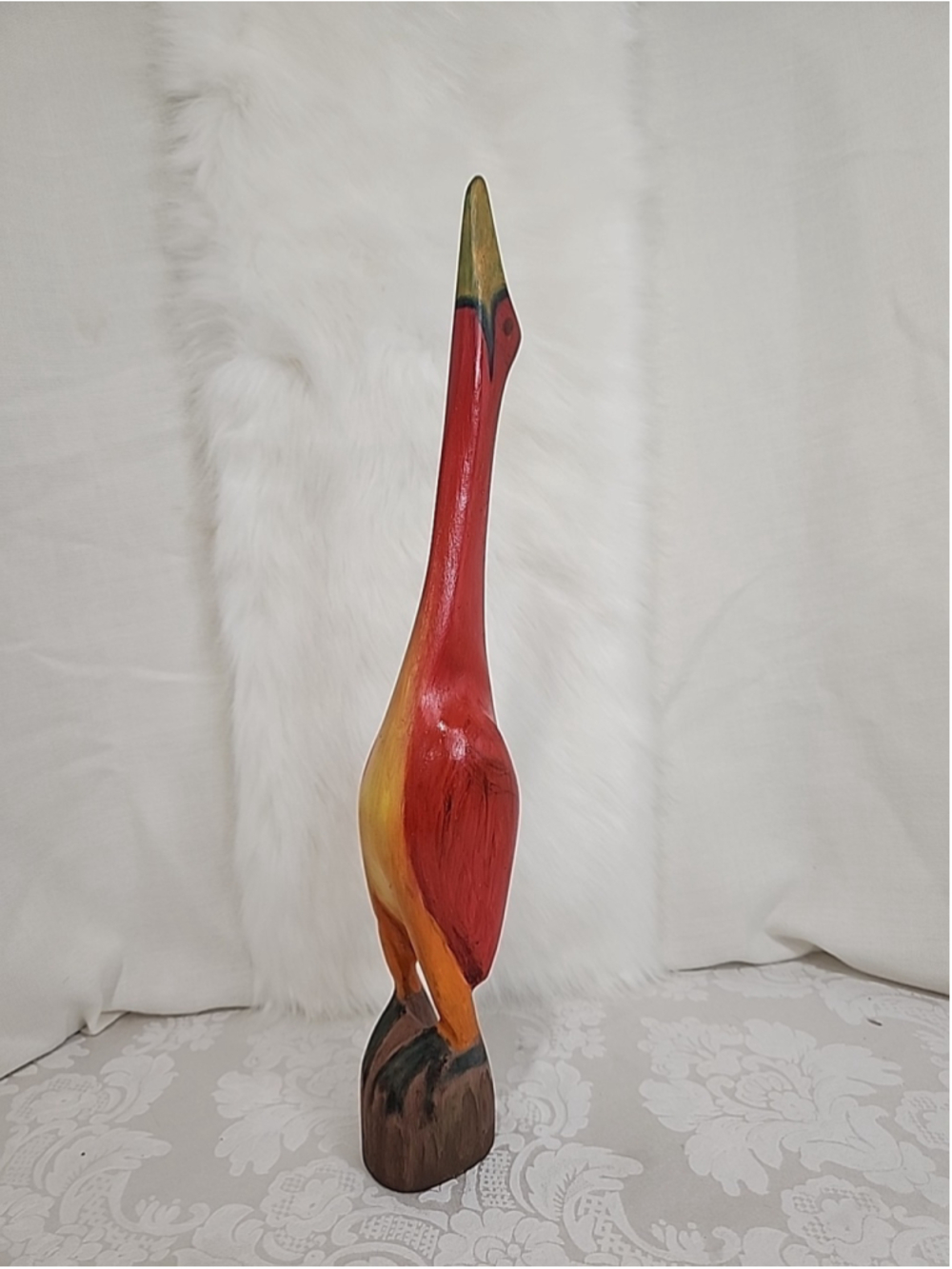Hand Carved Wooden Crane Heron Bird Decor 18.5" Tall